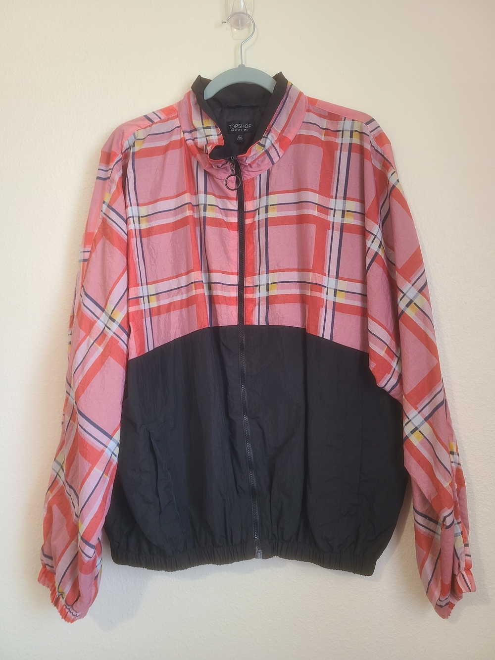 Topshop Pink Plaid and Black Colorblock Jacket Size XL vintage look.